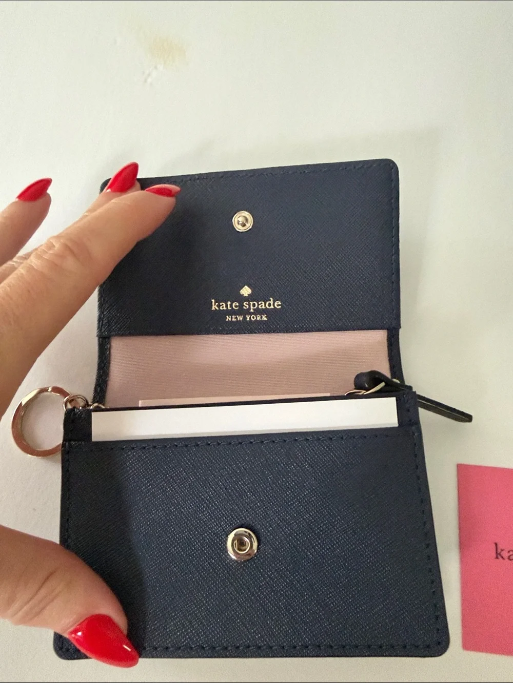 kate spade Navy Leather Mini Wallet with Gold Logo